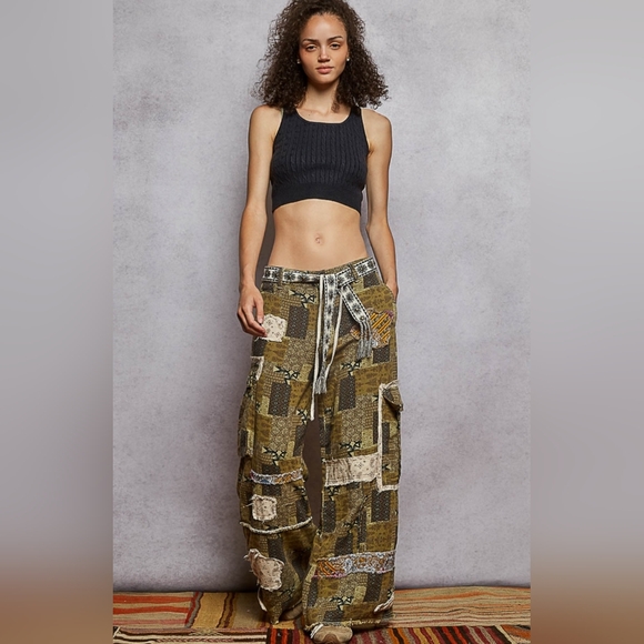 POL Patchwork Wide Leg Pants - Olive and Beige - Picture 2 of 5